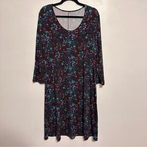 Garnet Hill Dark Floral Knit Trapeze Dress Long 3/4 Sleeve Scoop Neck Size Large